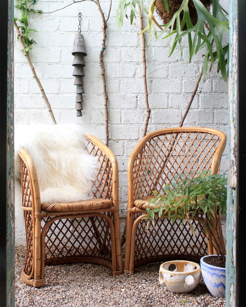 Bamboo Lounge Chairs, Icelandic Sheepskin, and Stacking Iron Bells