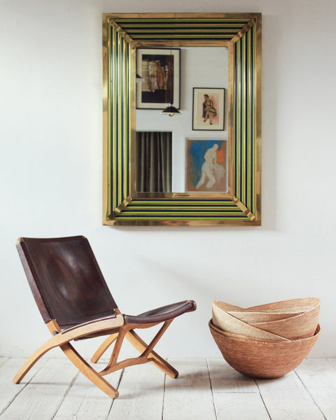 Blue and Green Mirror, Italian Folding Chair, and Mali Baskets