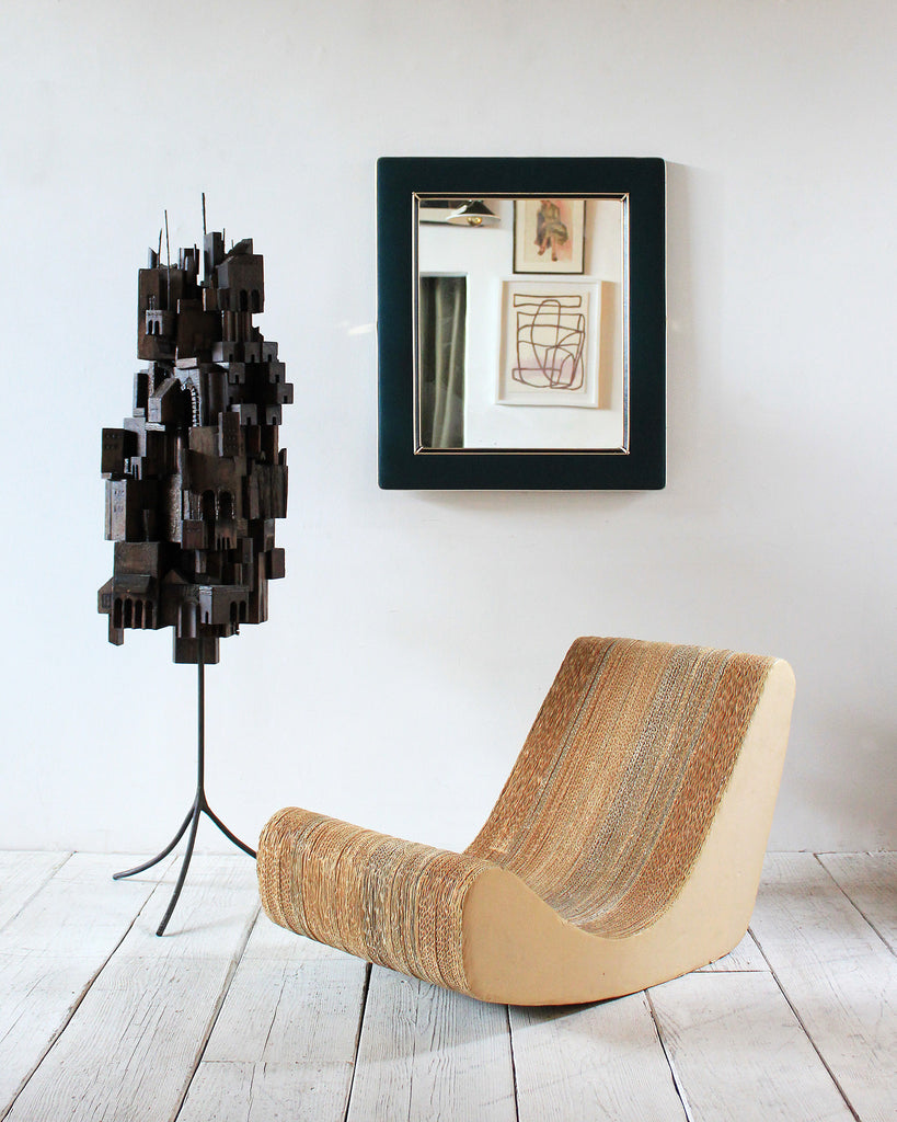 Brutalist Sculpture, Italian Mirror, and Cardboard Rocker